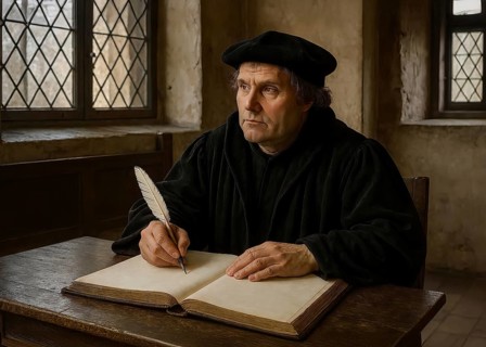 The reformer Martin Luther sits in his study and writes, symbolic image faith, church,