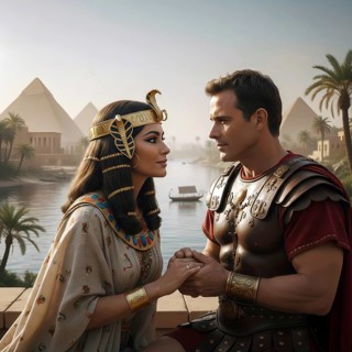 Cleopatra and Mark Antony in front of the pyramids, symbol Mark Antony, Roman Empire, Egypt,