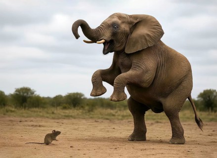 An elephant is startled by a mouse and stands on its hind legs, symbol of fear, panic, fright,