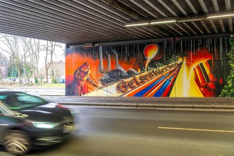 Huge street art pictures in a road tunnel in Gelsenkirchen, the approximately 120 meter long