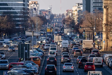 Heavy city traffic on the 17th of June road towards Ernst-Reuter-Platz, Berlin, Germany