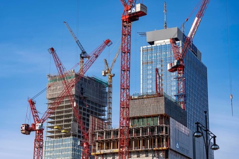 Construction site of the Covivio skyscraper in front, in the vicinity of Alexanderplatz in Berlin,