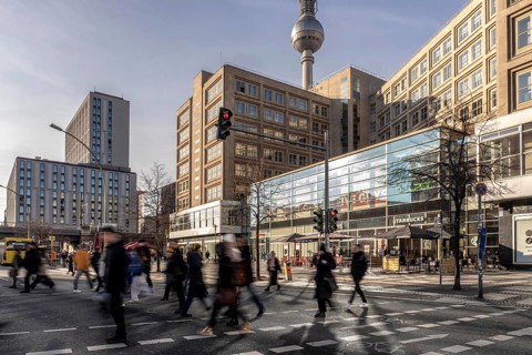 Passers-by on a Grunerstraße pedestrian crossing near Alexander Platz, Berlin Radio Tower, Berlin,