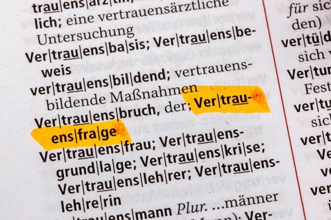 A question of trust, crisis of trust. Term from the Duden. Standard work of German spelling, 29th