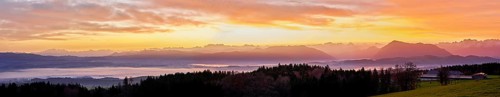 Panorama from Horben with a view of the foggy Reuss Valley, in the background the Alpstein, the