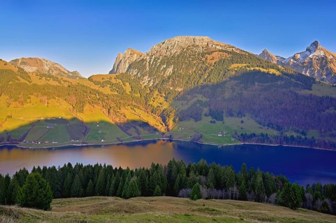 View of Lake Wägitalersee with Schiberg and Zindelspitz in the background, Canton, Schwyz,