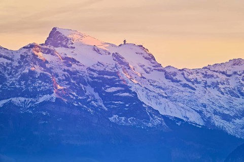 Snow-covered Titlis in evening light, Engelberg, Canton, Obwalden, Switzerland