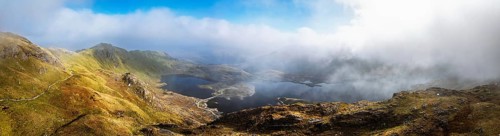 Pyg Track over Llyn Llydaw lake from a drone, Pen-y-Pass, mountain pass, Snowdonia, Gwynedd,