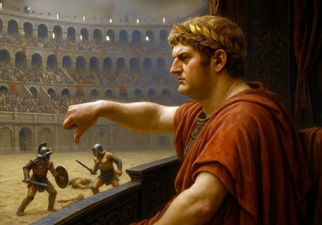 The Roman Emperor Nero lowers his thumbs in the ancient arena in which gladiator battles take