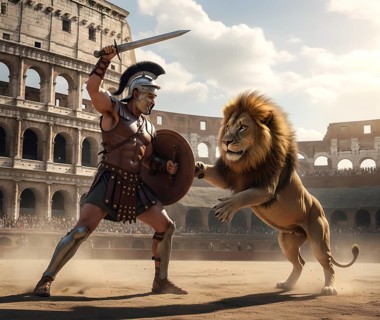 A gladiator with helmet, shield and sword fights against a lion in a Roman arena, symbol ancient,
