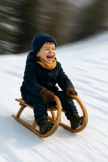 A boy sledges down a hill laughing happily on a sled, symbolizing winter, winter sports, sledding,