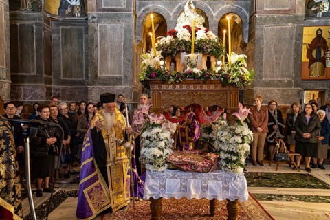 Orthodox priests at Epitaphios at Mass on Good Friday in the Catholicon of the Hosios Luke