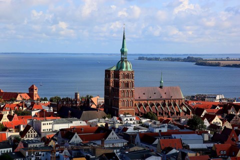 City panorama from above, Stralsund, Hanseatic City of Stralsund, Vorpommern-Rügen District,