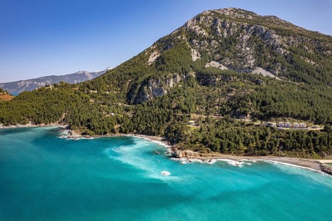 Landscape, coast and beach near the village of Pili or Pelio seen from the air, Euboea or Evia