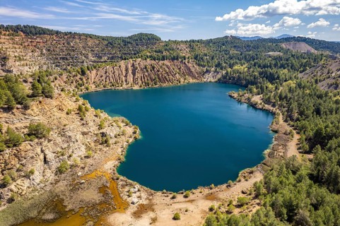 Mining lake on the island of Euboea or Evia seen from the air, Greece