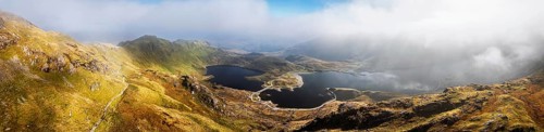 Pyg Track over Llyn Llydaw lake from a drone, Pen-y-Pass, mountain pass, Snowdonia, Gwynedd,