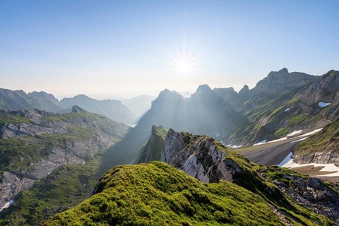 View over Alpstein Mountains into the Meglisalp Valley at sunrise, Rotstein Pass, Säntis,