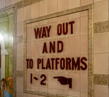 GWR 1930s Art deco style platform sign, Exeter St Davids railway train station, Exeter, Devon,