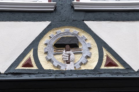 Decoration on half-timbered house, Barfüsserstraße, Marburg, Hesse, Germany