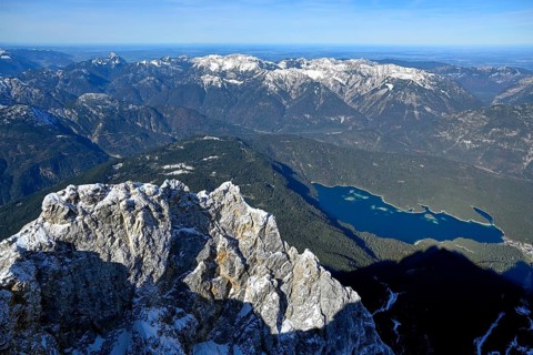 View of Lake Eibsee lake from the mountain station of the Zugspitz cable car (2962 m), Grainau