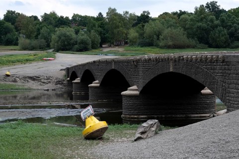 View of Old Bridge Asel, Edersee without water, Hesse, Germany