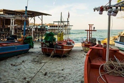 Colorful fishing boats on the beach, Hua Hin, Prachuap Khiri Khan, Central Thailand, Thailand