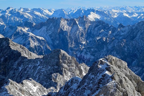 View of the Wetterstein Mountains from the mountain station of the Zugspitz cable car (2962 m),