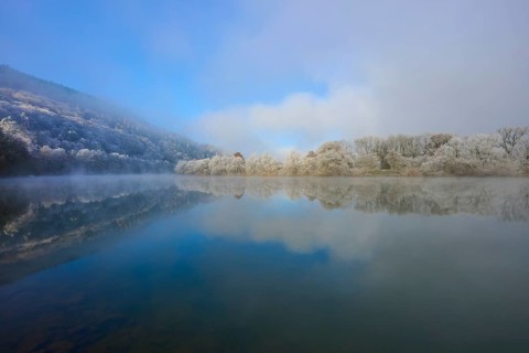 Wintery landscape with fog over a quiet river, tree-lined, hoarfrost, winter, Boxtal,