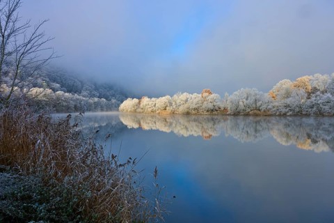 Snowy trees and clear water reflection show a peaceful river landscape, hoarfrost, winter, Boxtal,