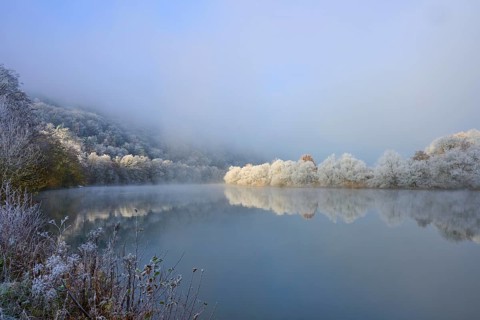 Frosty river landscape with fog covered, snowy trees against a cloudy sky, hoarfrost, winter,