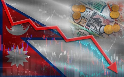 Nepal financial fall on economy market. Nepali financial crisis on economic graph