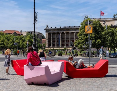 Plastic seating elements in front of the Humboldt Forum and the Lustgarten, Berlin, Germany