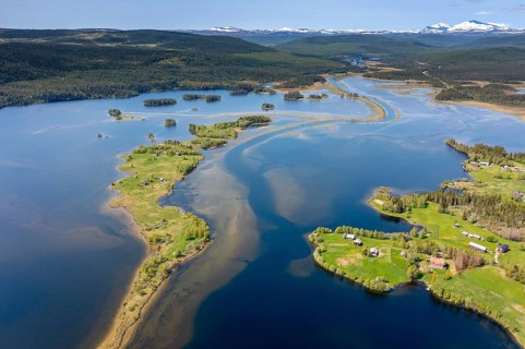 Aerial view over Storsjön in summer, lake near Storsjö in the Berg municipality at Härjedalen and