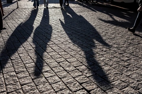 Shadows of people on the ground, low sun, winter, silhouettes, Germany