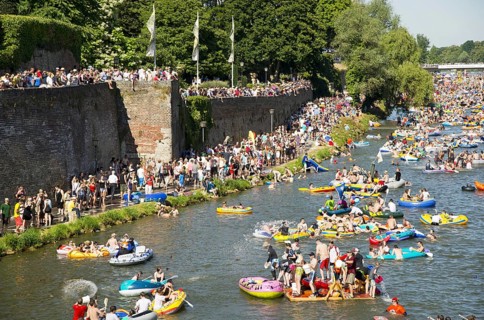 Themed boats at the Nabada boat parade on Schwörmontag, a traditional Ulm holiday, Danube, Ulm,