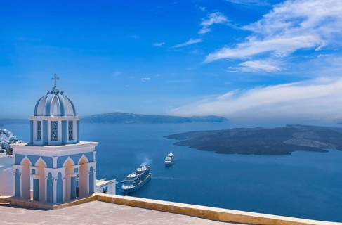 Greece Islands, scenic panoramic sea views of Santorini island from top outlook of Fira village