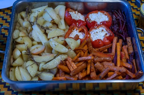 Potatoes and stuffed peppers and carrots served in a casserole, Mecklenburg-Vorpommern, Germany
