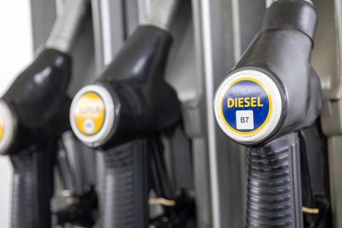 Close-up of a gas pump with gas and diesel