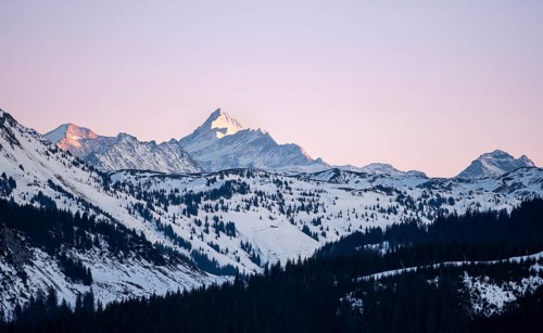 Summit of Grossglockner at sunset in winter, Hochbrixen, Brixen im Thale, Tyrol, Austria