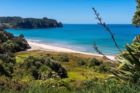 Landscape with sea and sandy beach in New Zealand. View of Hot Water Beach. Hot Water Beach,