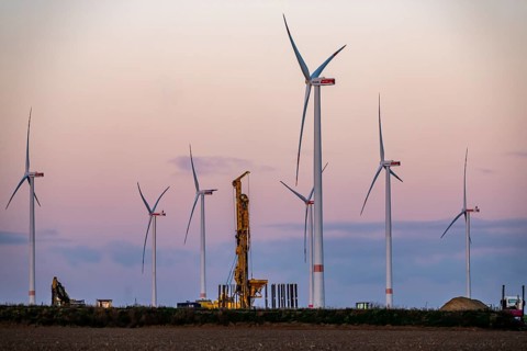 Construction site of the new Bedburg 3 wind farm, on recultivated open-cast mining site, 9 wind