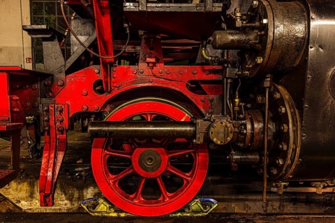 Wheelwork of a historic steam locomotive owned by the Free State of Bavaria, Eisenbahnmuseum,