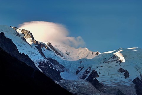 Glaciers in the evening light, in the Mont-Blanc clouds, Chamonix-Mont-Blanc, Haute-Savoie, France