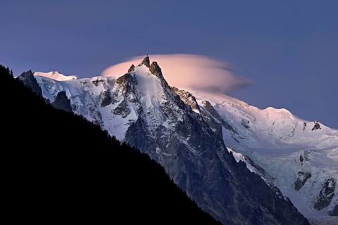Aiguille du Midi with cloud above the summit, Mont-Blanc, Chamonix-Mont-Blanc, Haute-Savoie, France