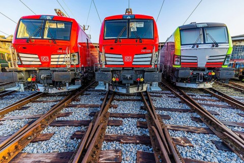 Modern locomotives of the Austrian Federal Railways, ÖBB, and Deutsche Bahn, DB, parked in front of