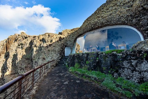 Panoramic window at the Mirador del Río viewpoint, designed by artist César Manrique, Lanzarote,