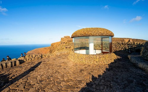 Staircase and viewing platform at the Mirador del Río viewpoint, in the evening light, designed by