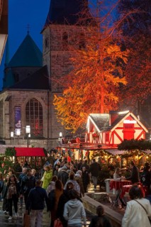 Christmas market in Essen, gastronomy, fire forest, at Essen Cathedral, Kettwiger Straße shopping
