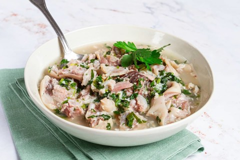 Muzhuzhi, a Georgian dish made from pork legs, with spices and herbs, homemade