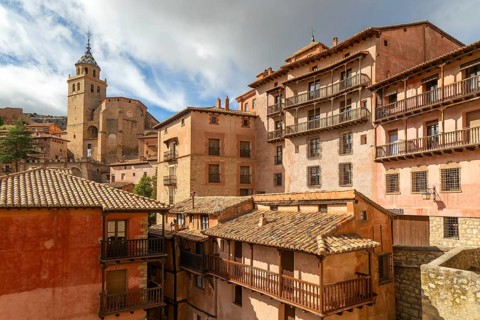 Historic buildings in medieval village of Albarracín, Teruel province, Aragon, Spain view to